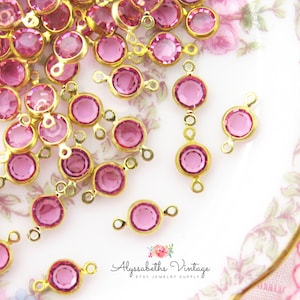 Vintage Swarovski Round Rose Pink Rhinestone 2 Ring Connectors, 4mm Crystals in 2 Loop Channel Link Settings 8x4mm - 12