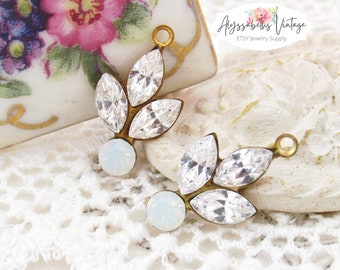Clear Crystal & White Opal Rhinestone Flower Leaf Drops 20x11mm Leaves Earring Dangles Raw Brass, Antique Brass, Black or Silver Ox – 2
