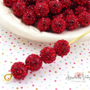 8mm Siam Red Pave Rhinestone Disco Ball Beads, Polymer and Crystal Beads - 10