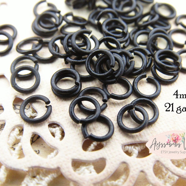 Jet Black Patina 5mm Round Jump Rings 21 Gauge Small US Made Findings Matte Black - 50