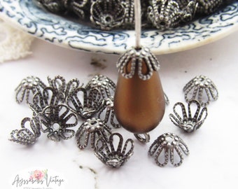 Antiqued Silver Fancy Filigree Petal 7mm Bead Caps, Small Beaded Detail Plated Silver Ox Bead Cones - 30