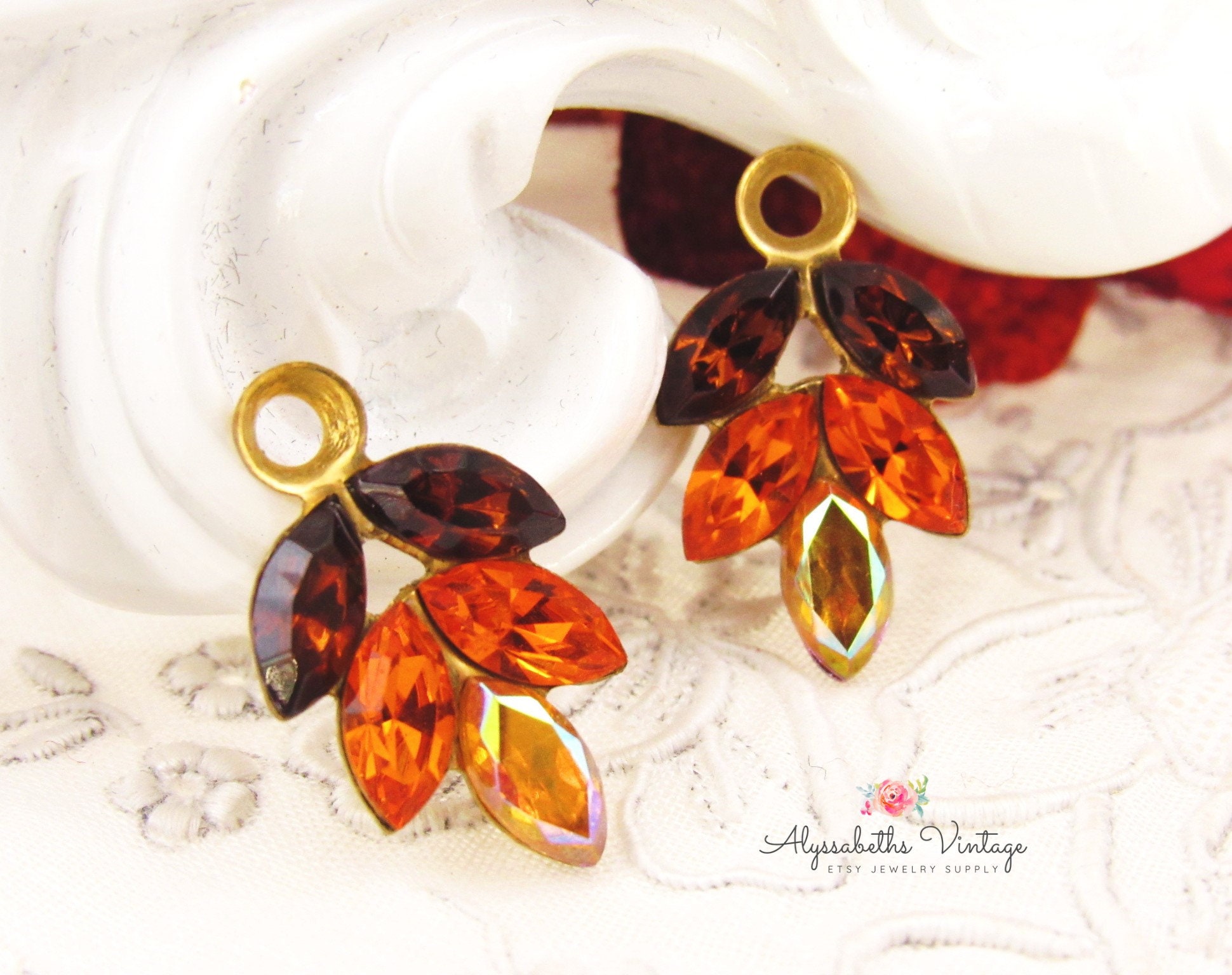 Fall Smoke Topaz, Sun Orange & AB Rhinestone Leaf Charms