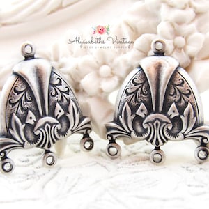 Ornate Art Deco Antique Silver Vine Embossed Chandelier Earring Finding, 23x20mm Silver Ox Stylized Floral Multi Strand Connector - 4