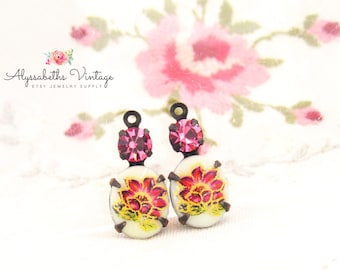 Vintage Pink Flower Limoge Rose Oval Cameo & Rose Pink Rhinestones Drops Brass, Black, Antique Brass or Silver Settings 18x8mm - 2