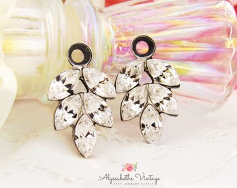 Clear Rhinestone Leaf Charms 21x11mm Vintage Swarovski Crystal Leaf Earring Drops Brass, Brass/Silver Ox or Black Settings - 2
