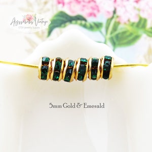 5mm Gold & Emerald Rhinestone Rondelle Beads, Czech Preciosa Dark Green Crystal Spacer Accent Disc Beads – 10