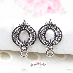 Ornate Antique Silver Plated Round Fleur de Lis Earring Posts with Loop, Pewter Swirl Embossed Ear Studs with Rings Earring Findings - 2