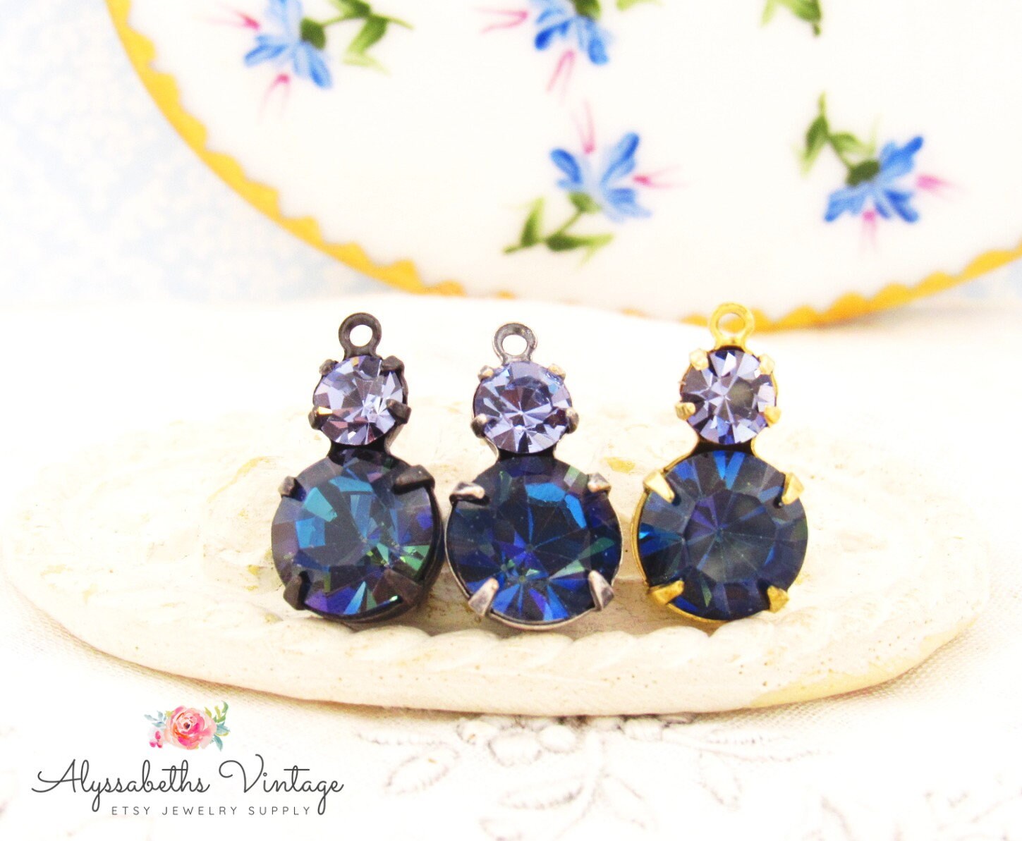 Heliotrope Blue & Purple Tanzanite Rhinestone Double Set Drop Charms or ...