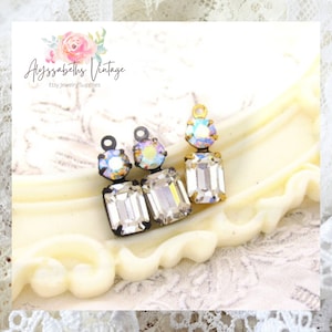 Vintage Austrian Clear Crystal Octagon Stone & AB Crystal Rhinestone Earring Dangle, 16x6mm Set Rhinestone Charms or Connectors - 2