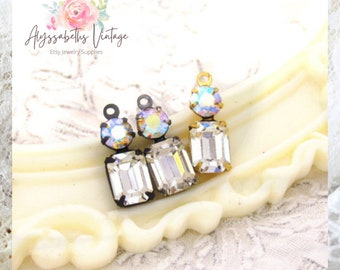 Vintage Austrian Clear Crystal Octagon Stone & AB Crystal Rhinestone Earring Dangle, 16x6mm Set Rhinestone Charms or Connectors - 2