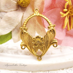 Ornate Art Nouveau Leaf & Flower Raw Brass Connector 4 Ring Chandelier Earring Dangle - 4