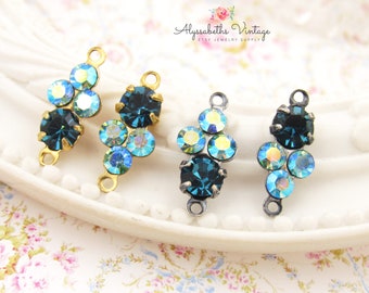 Petite Blue Zircon & AB Aquamarine Rhinestone Cluster Connectors 15x6mm Raw Brass, Black, Silver or Brass Ox 2 Ring Links