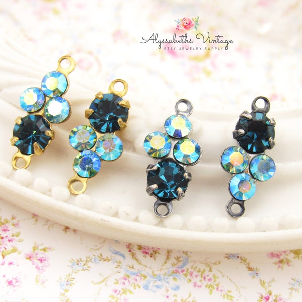 Petite Blue Zircon & AB Aquamarine Rhinestone Cluster Connectors 15x6mm Raw Brass, Black, Silver or Brass Ox 2 Ring Links