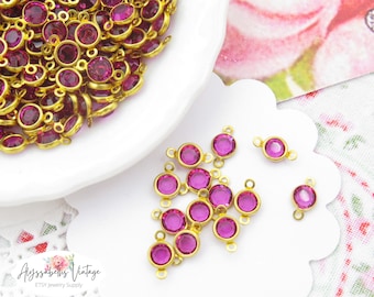 Vintage Austrian Round Fuchsia Rhinestone 2 Ring Connectors, 4mm Crystals in 2 Loop Channel Link Settings 8x4mm - 12