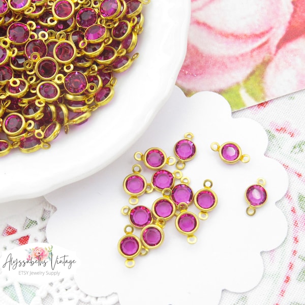 Vintage Austrian Round Fuchsia Rhinestone 2 Ring Connectors, 4mm Crystals in 2 Loop Channel Link Settings 8x4mm - 12