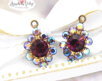 AB Light Amethyst and Amethyst Rhinestone Diamond Shaped Set Stone Drops Charms 18x11mm Raw Brass, Brass Ox or Silver Ox - 2