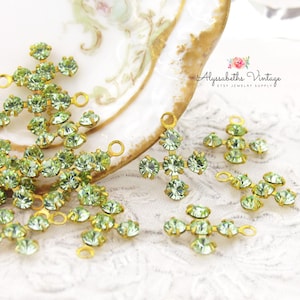 Small Vintage Austrian Rhinestone Cross Charms Pale Green Chrysolite Crystal Brass Drops Findings – 4