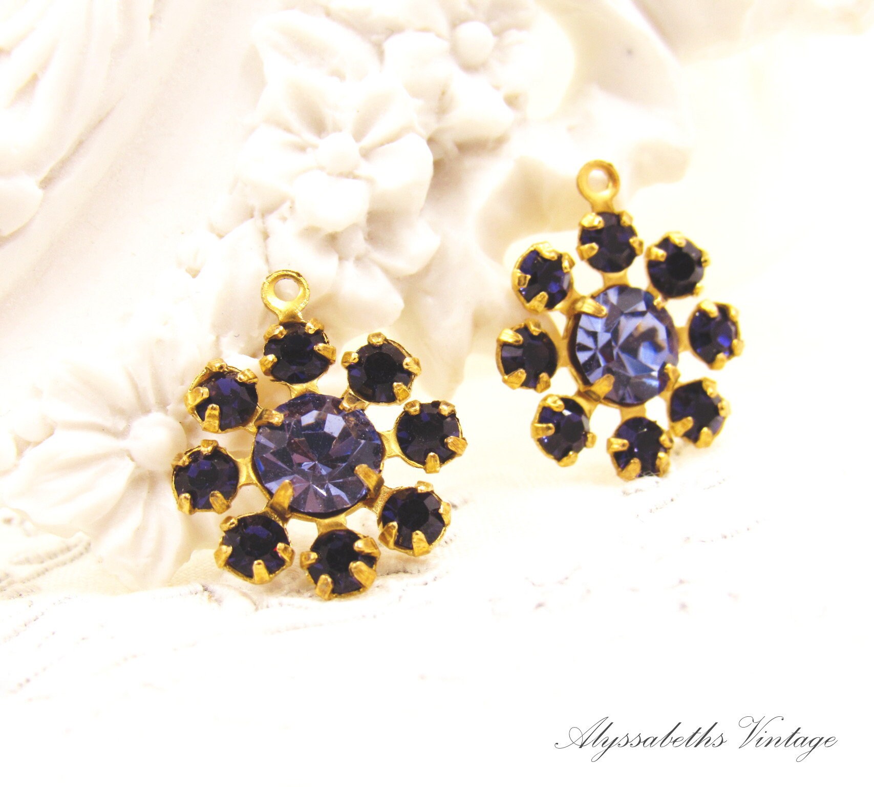 3 Vintage Austrian Tanzanite Rhinestone & Brass Navette Findings – 33x16mm – For Jewelry Making