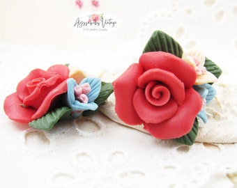 SALE Kawaii Dark Pink Rose, Blue and Pale Yellow Porcelain Flower Bouquet Cabochons 29mm Ceramic Bisque Floral Embellishments - 2