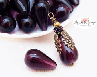 Shiny Transparent Dark Amethyst Teardrop Beads 18x11mm Pear Shaped Czech Dark Purple Pressed Glass Beads - 6