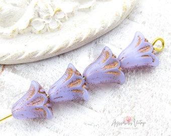 Lilac Opal and Bronze Wash Lily Beads 10x9mm Czech Pressed Glass Picasso Lotus Flower Beads - 10