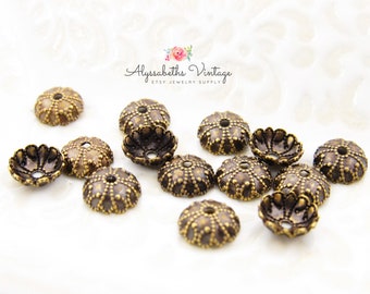 Antiqued Brass 7mm Bead Caps Detailed with Beaded Hearts - 20