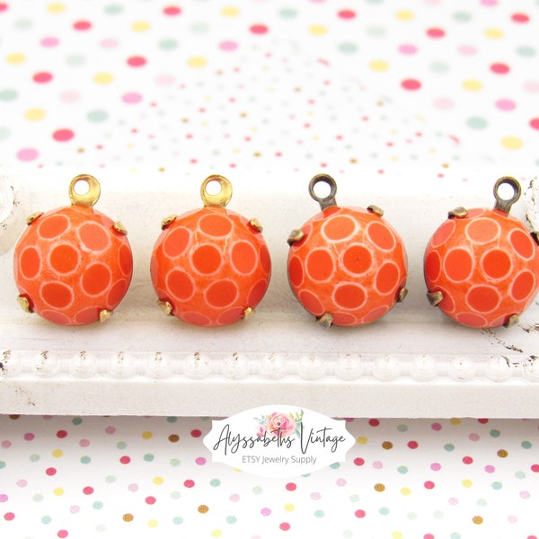 Retro Vintage Orange Polka Dot Cabochon Charms, Vintage Plastic High Dome Set 11mm Round Cabochons in Drops or Connector Settings - 2