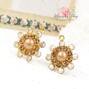 Floral Rhinestone Layered Drops Honey Gold, Colorado Topaz & Taupe Pearl Crystal Flower Dangles 19x17mm Raw Brass, Black or Silver Ox - 2