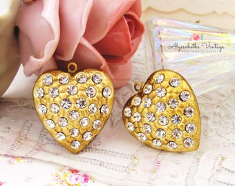 Large Raw Brass Puffed Heart Pendant set with Clear Crystal Rhinestones, Pave Sparkle Crystal Valentine Charms 25x22mm - Pair