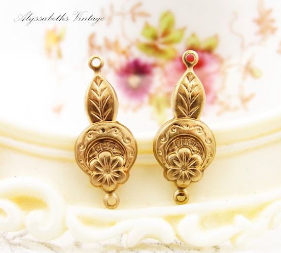 Art Deco Botanical Flower and Leaf Embossed Raw Brass Connectors, Floral Earring Link Findings 19x10mm - 4
