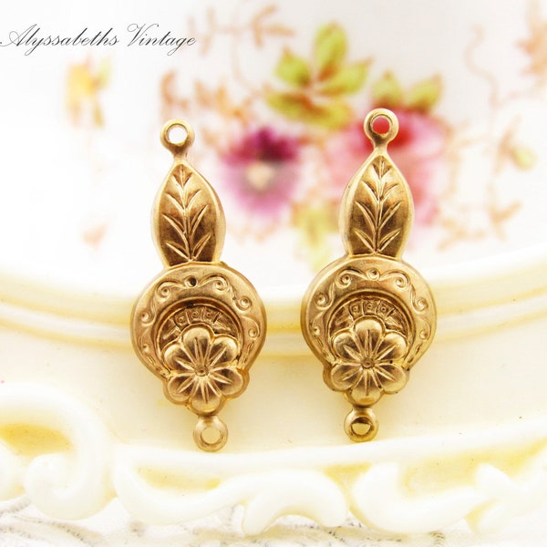 Art Deco Botanical Flower and Leaf Embossed Raw Brass Connectors, Floral Earring Link Findings 19x10mm - 4