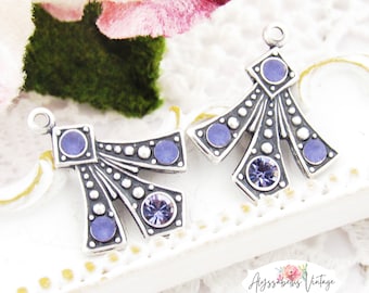 Art Deco Matte and Crystal Purple Tanzanite Austrian Rhinestone Antique Silver, Brass or Antique Brass Earring Dangle 20x16mm -2