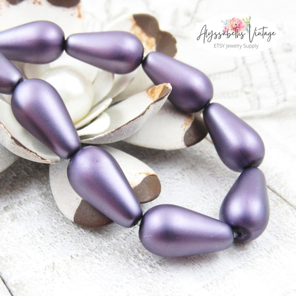 Preciosa Matte Purple Teardrop Beads 15x8mm Satin Finish Wisteria Czech Glass Metallic Pearl Pear Beads - 6