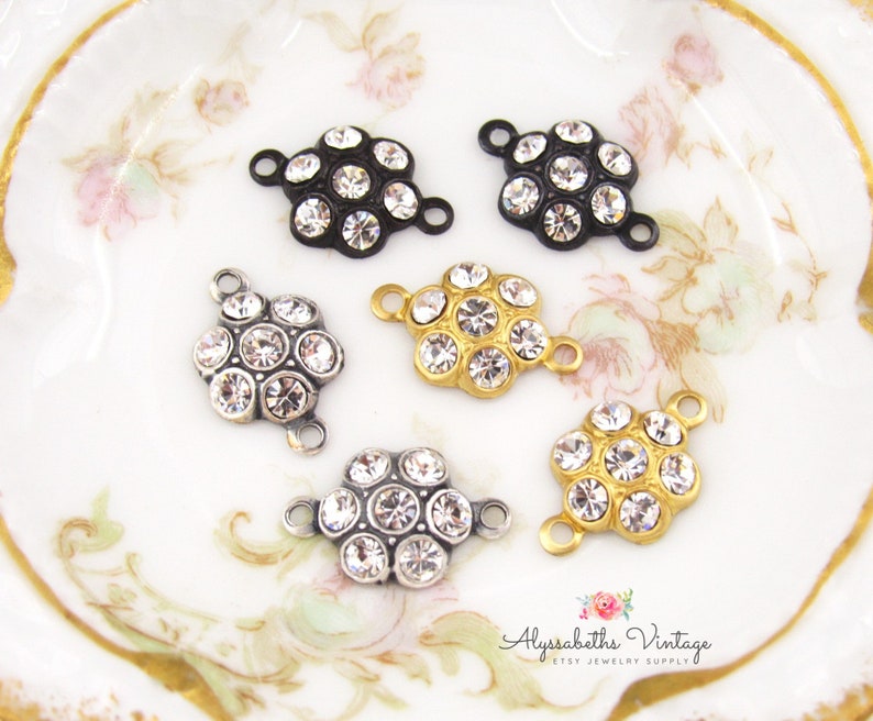 Round Cluster Clear Crystal Rhinestone Flower Charms or Connectors 15x10mm Brass, Black or Silver / Brass Ox Settings image 5