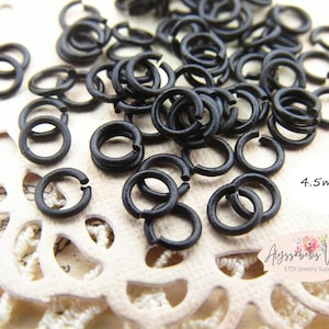 Jet Black Patina 4.5mm Round Jump Rings 21 Gauge Small US Made Findings Matte Black - 50