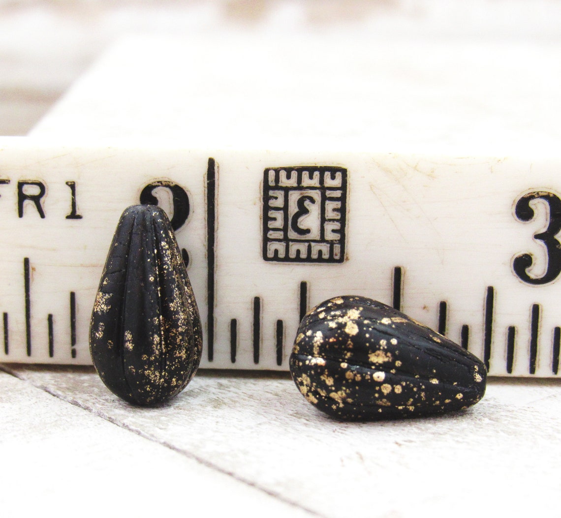 Opaque Matte Black with Gold Spatter Teardrop Melon Beads | Etsy