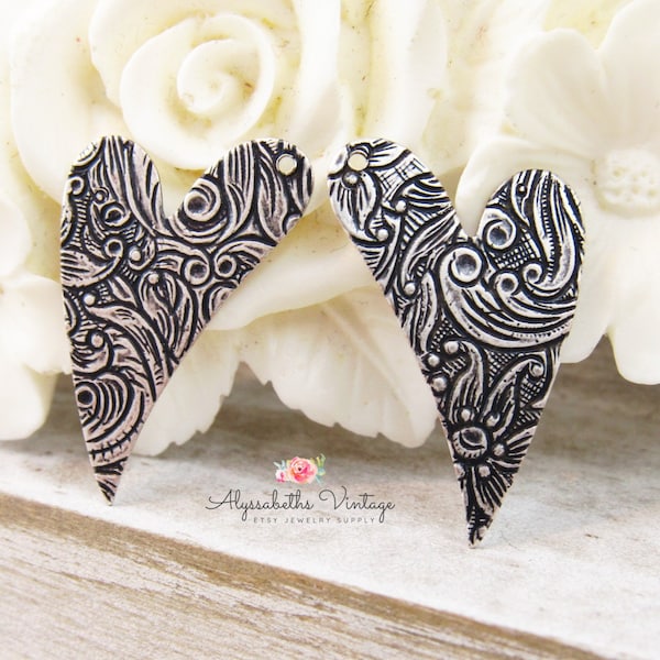 Long Southwest Style Antique Silver Ox Floral and Leaf Embossed Heart Earring Dangles 25x17mm Valentine Charms, Pendants  - 4