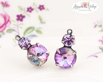 Austrian Medium Vitrail Rivoli & Violet  Rhinestone Double Set Stones Drop or Connector 16x8mm Brass, Brass Ox, Black, Silver Ox - 2