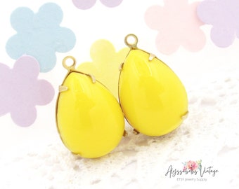 NEW for Spring - Opaque Lemon Yellow Plastic Teardrop Dangles, 18x13mm Acrylic Pear Stones Raw Brass, Silver/Brass Ox Pendant Settings - 2