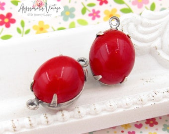 Vintage Austrian Cherry Red 12x10mm Oval Opaque Cabochons Single Set in Drop or Connector Brass, Black, Brass or Silver Ox Settings - 2
