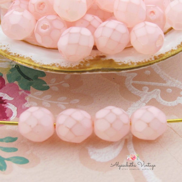 Pale Matte Pink 8mm Faceted Glass Beads, Czech Preciosa Frosted Rosaline Fire Polished Beads - 20