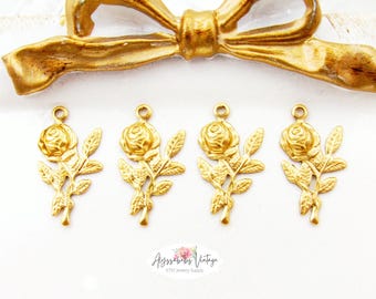 Delicate Long Stemmed Rose Brass Charms, 19x10mm US Made Raw Brass Flower Stamping Drops - 4