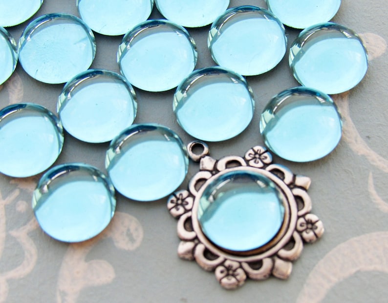 Transparent Aqua Blue 9mm Round Preciosa Glass Cabochons Flat Back Dome Stones 6