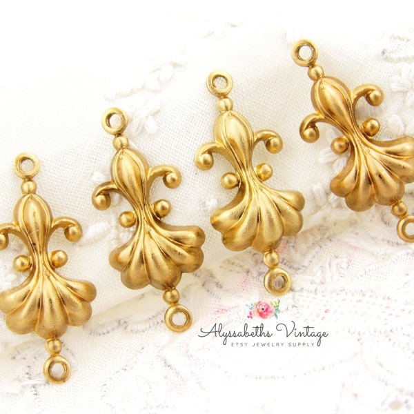Baroque French Chic Ruffled Shell and Fleur de Lis Raw Brass 2 Ring Connector Links 21x10mm - 4