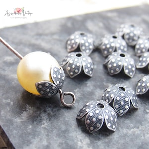 Antique Silver Flower Petal Bead Caps, 8mm Polka Dot Embossed Oxidized Silver Plated Brass Floral Bead Caps - 6