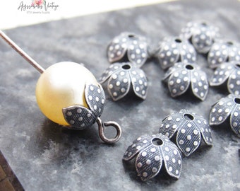 Vintage Style Flower Petal 8mm Antique Silver Ox Bead Caps, Polka Dot Embossed Bead Ends US Made – 6