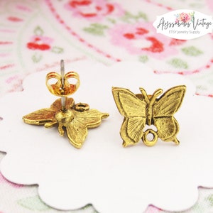 Antiqued Gold Plated Butterfly Pewter Earring Posts with Loop 24k Gold Plate Ear Studs Post Earring Findings Jewelry Supply Pair image 4