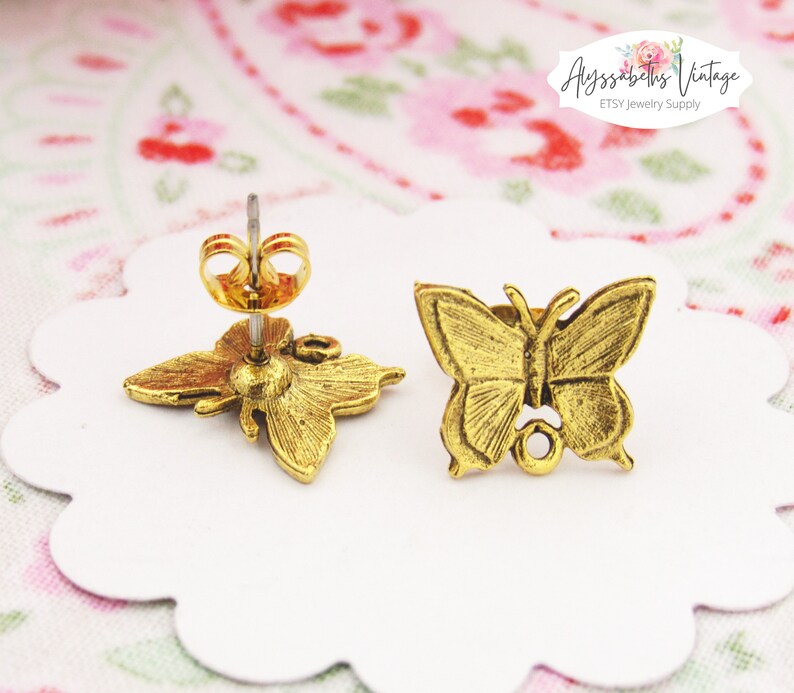 Antiqued Gold Plated Butterfly Pewter Earring Posts with Loop 24k Gold Plate Ear Studs Post Earring Findings Jewelry Supply Pair image 4
