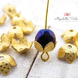Raw Brass Flower Petal Bead Caps, 8mm Polka Dot Embossed Un- Plated Brass Floral Bead Caps - 6