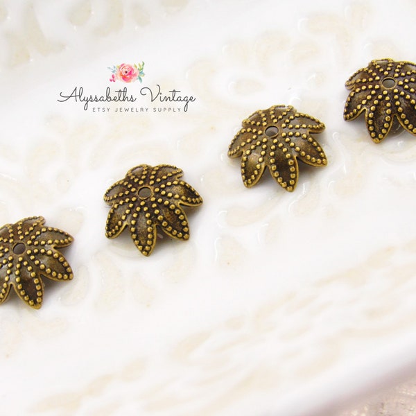 Antiqued Brass Ox 9mm Flower Petal Bead Caps with Beaded Texture Accents - 20